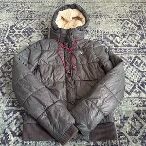 Y2K American Eagle Dark Gray Heavy Puffer Coat with Faux Fur Hood Size Medium